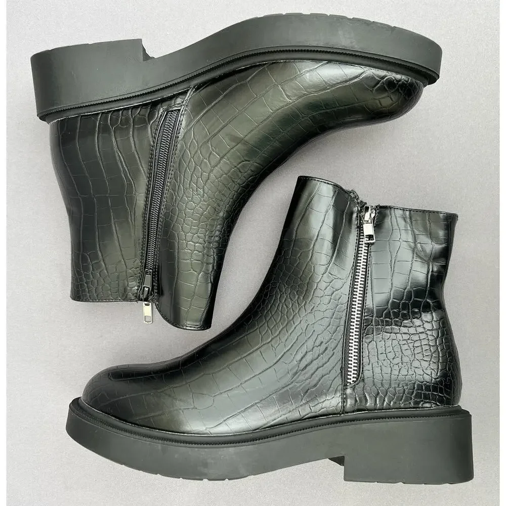 TOPSHOP Kai Zip Black Chelsea Croc Embossed Boots Men's Size 8 US / 41EU NEW